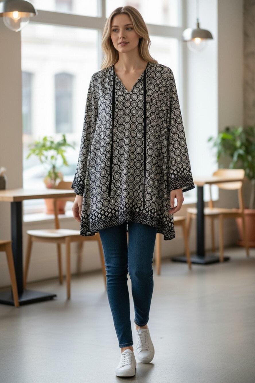 Cato Women’s XL 18/20W Black White Geometric Print Tunic Blouse Long Sleeve